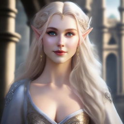 A close-up portrait of a fit elf with enormous, massive features, blonde closed hair, and hazel eyes in a castle