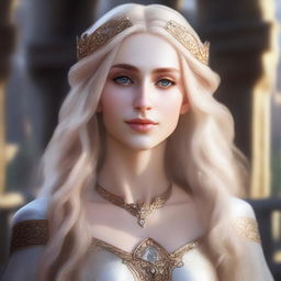 A close-up portrait of a fit elf with enormous, massive features, blonde closed hair, and hazel eyes in a castle