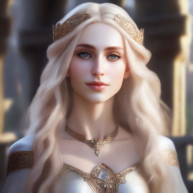 A close-up portrait of a fit elf with enormous, massive features, blonde closed hair, and hazel eyes in a castle