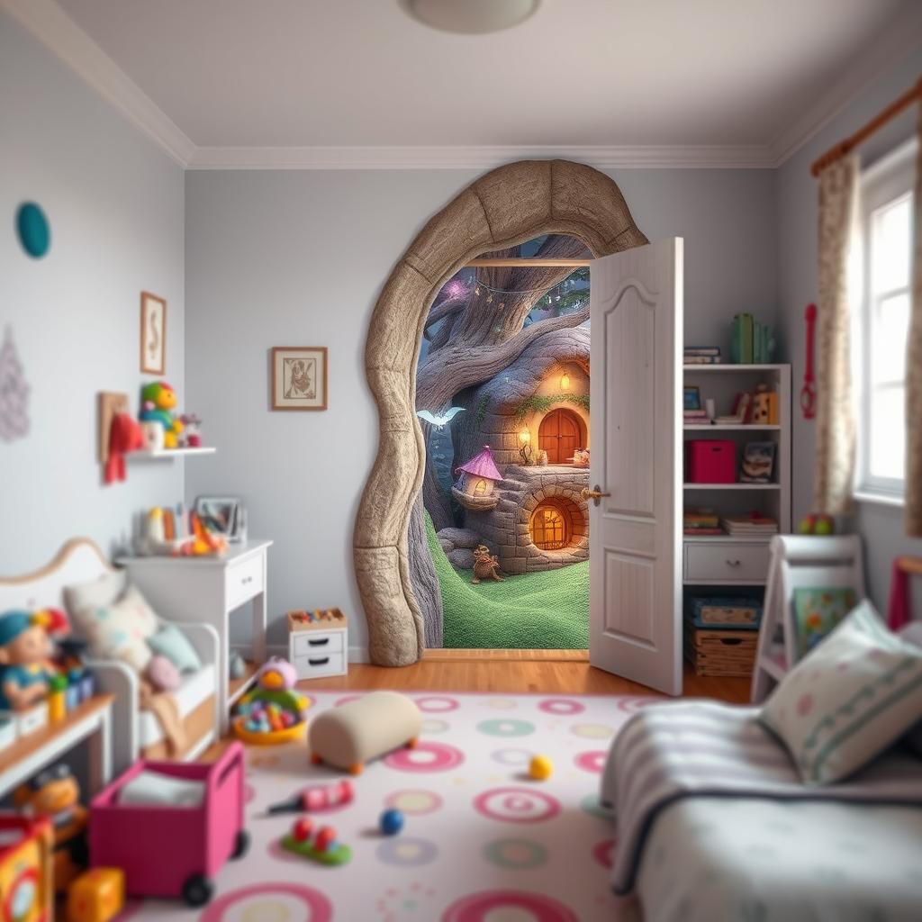 A whimsical children's bedroom with a hidden door that leads to a magical fantasy land