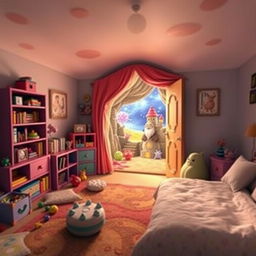 A whimsical children's bedroom with a hidden door that leads to a magical fantasy land