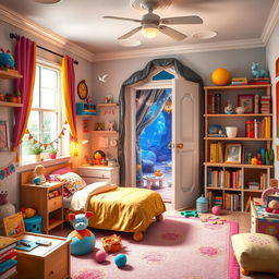 A whimsical children's bedroom with a hidden door that leads to a magical fantasy land