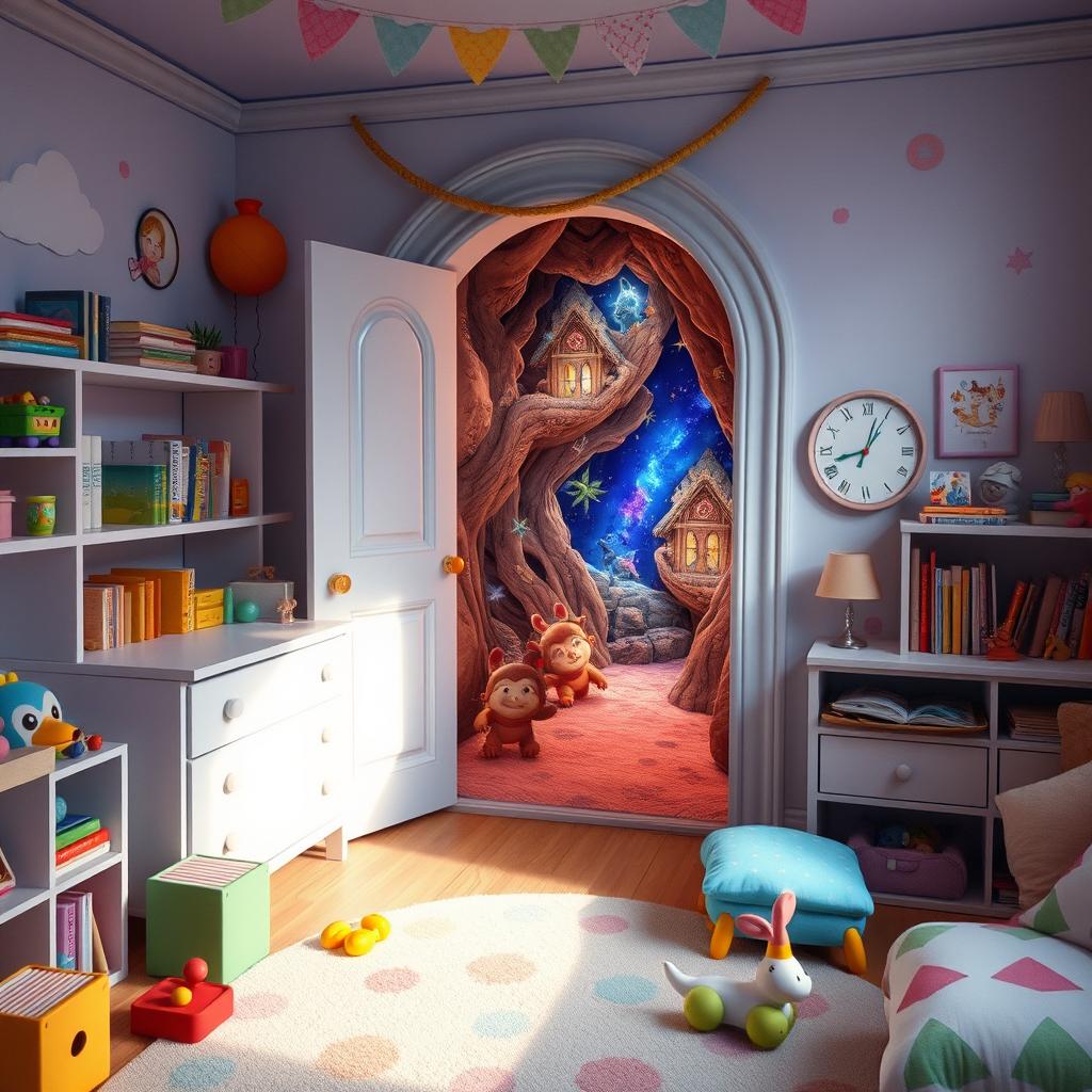 A whimsical children's bedroom with a hidden door that leads to a magical fantasy land