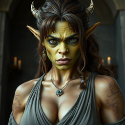 A close-up portrait of a fit orc with enormous brown hair and hazel eyes, featuring massive features