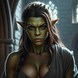 A close-up portrait of a fit orc with enormous brown hair and hazel eyes, featuring massive features