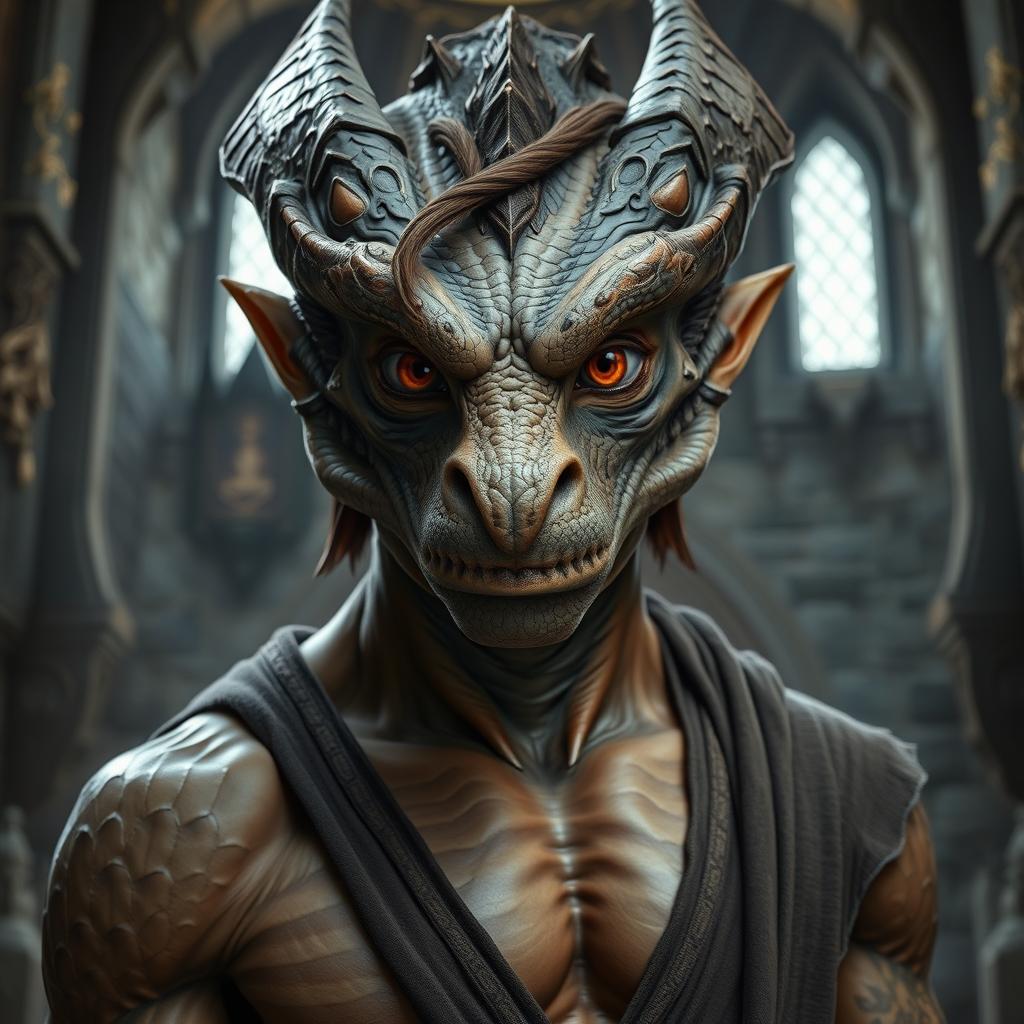 A close-up portrait of a fit dragonborn with enormous hazel eyes and massive features, standing in a castle