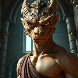 A close-up portrait of a fit dragonborn with enormous hazel eyes and massive features, standing in a castle