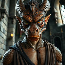 A close-up portrait of a fit dragonborn with enormous hazel eyes and massive features, standing in a castle