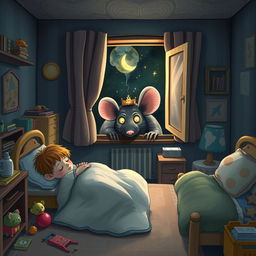 A children's bedroom at night with a giant rat king peering through the window as they sleep