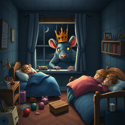 A children's bedroom at night with a giant rat king peering through the window as they sleep