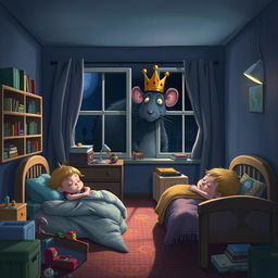 A children's bedroom at night with a giant rat king peering through the window as they sleep