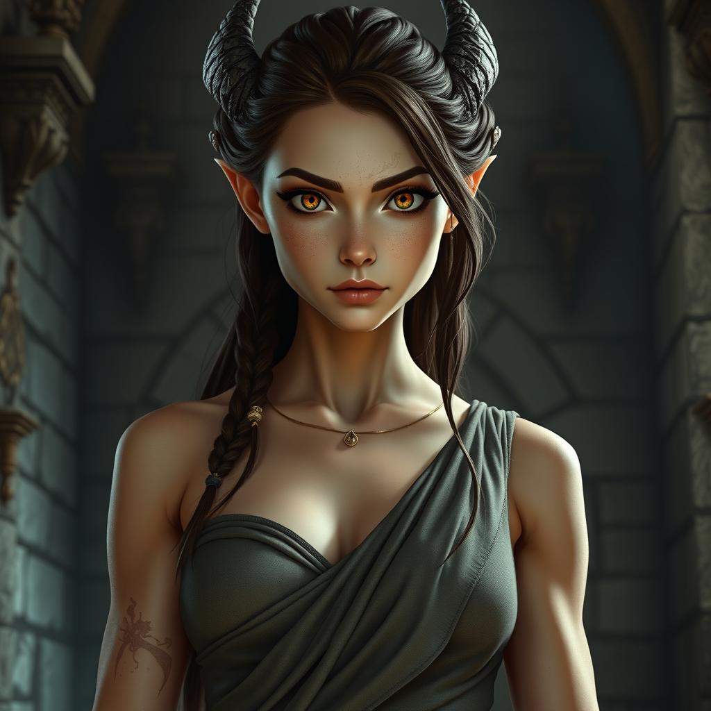 A close-up portrait of a fit female dragonborn with enormous hazel eyes and massive features, standing in a castle