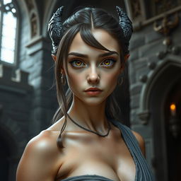 A close-up portrait of a fit female dragonborn with enormous hazel eyes and massive features, standing in a castle