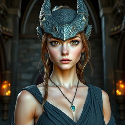 A close-up portrait of a fit female dragonborn with enormous hazel eyes and massive features, standing in a castle