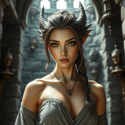 A close-up portrait of a fit female dragonborn with enormous hazel eyes and massive features, standing in a castle