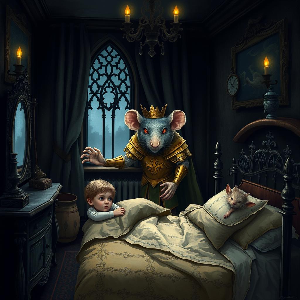 A gothic-style children's bedroom at night with a giant rat king in golden armor peering through the window as a boy and girl sleep