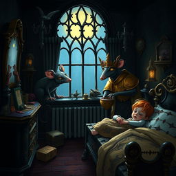 A gothic-style children's bedroom at night with a giant rat king in golden armor peering through the window as a boy and girl sleep