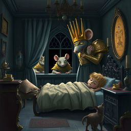 A gothic-style children's bedroom at night with a giant rat king in golden armor peering through the window as a boy and girl sleep