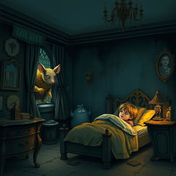 A gothic-style children's bedroom at night with a giant rat king in golden armor peering through the window as a boy and girl sleep