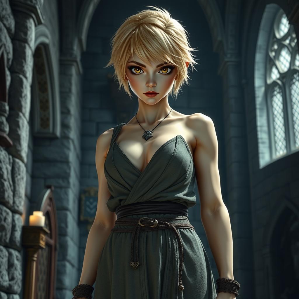 A full-body shot of a fit female dragonborn with enormous hazel eyes, short blond hair, and massive features, standing in a castle