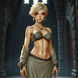 A full-body shot of a fit female dragonborn with enormous hazel eyes, short blond hair, and massive features, standing in a castle