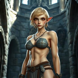 A full-body shot of a fit female dragonborn with enormous hazel eyes, short blond hair, and massive features, standing in a castle