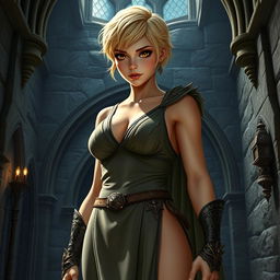 A full-body shot of a fit female dragonborn with enormous hazel eyes, short blond hair, and massive features, standing in a castle