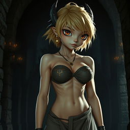 A full-body shot of a fit female dragonborn with enormous hazel eyes, short blond hair, and massive features, standing in a dark fantasy castle