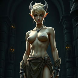 A full-body shot of a fit female dragonborn with enormous hazel eyes, short blond hair, and massive features, standing in a dark fantasy castle