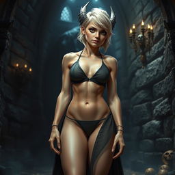 A full-body shot of a fit female dragonborn with enormous hazel eyes, short blond hair, and massive features, standing in a dark fantasy castle