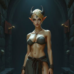 A full-body shot of a fit female dragonborn with enormous hazel eyes, short blond hair, and massive features, standing in a dark fantasy castle