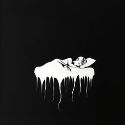 A black background with a white silhouette of a child sleeping in a bed