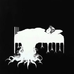 A black background with a white silhouette of a child sleeping in a bed