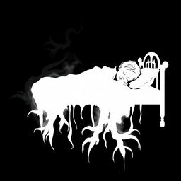 A black background with a white silhouette of a child sleeping in a bed