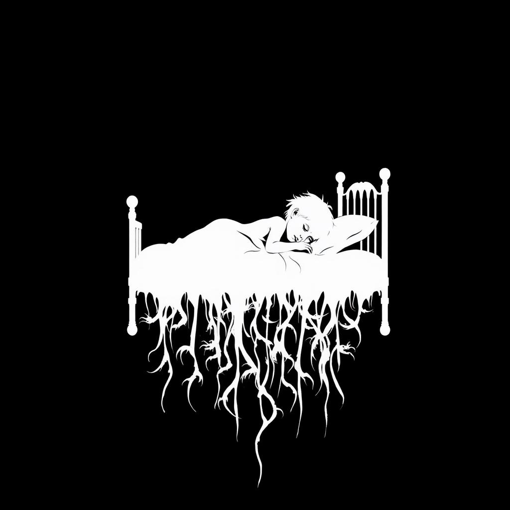 A black background with a white silhouette of a child sleeping in a bed