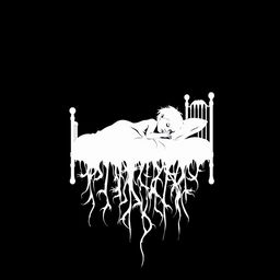 A black background with a white silhouette of a child sleeping in a bed