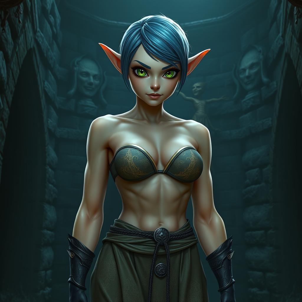 A full-body shot of a fit female elf with enormous green eyes, short blue hair, and massive features, standing in a dark fantasy castle