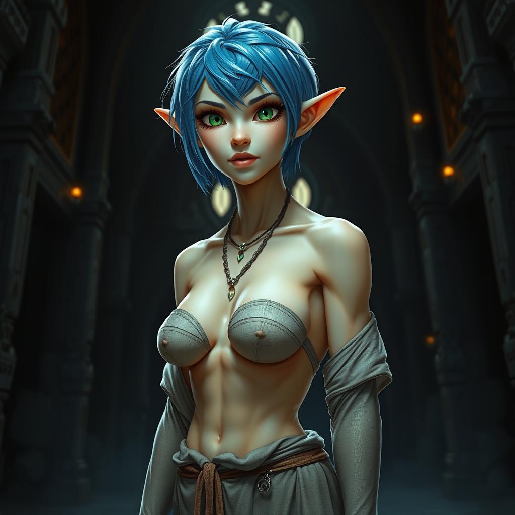 A full-body shot of a fit female elf with enormous green eyes, short blue hair, and massive features, standing in a dark fantasy castle