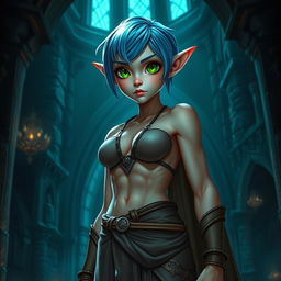 A full-body shot of a fit female elf with enormous green eyes, short blue hair, and massive features, standing in a dark fantasy castle