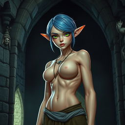 A full-body shot of a fit female elf with enormous green eyes, short blue hair, and massive features, standing in a dark fantasy castle