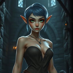 A full-body shot of a fit female elf with short blue hair, enormous green eyes, and massive features, standing in a dark fantasy castle