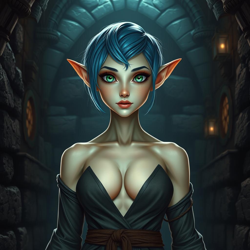 A full-body shot of a fit female elf with short blue hair, enormous green eyes, and massive features, standing in a dark fantasy castle