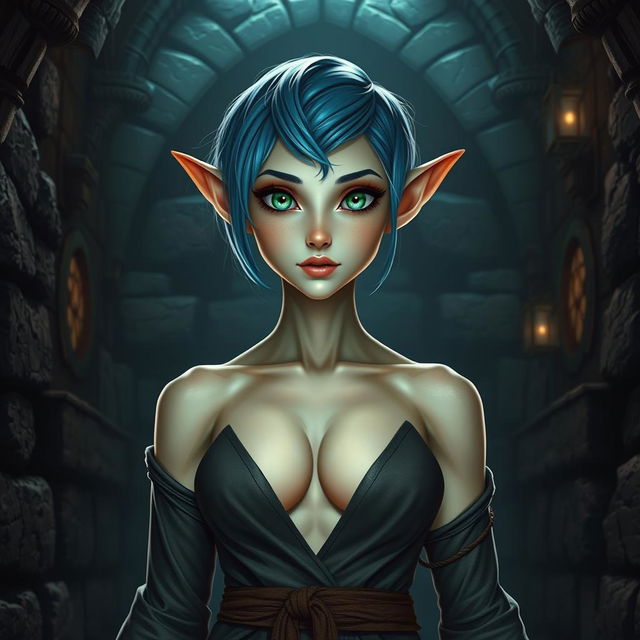 A full-body shot of a fit female elf with short blue hair, enormous green eyes, and massive features, standing in a dark fantasy castle