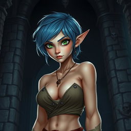 A full-body shot of a fit female elf with short blue hair, enormous green eyes, and massive features, standing in a dark fantasy castle