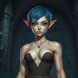 A full-body shot of a fit female elf with short blue hair, enormous green eyes, and massive features, standing in a dark fantasy castle