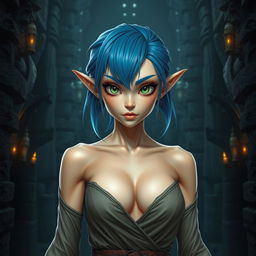 A full-body shot of a fit female elf with medium blue hair, enormous green eyes, and massive features, standing in a dark fantasy castle