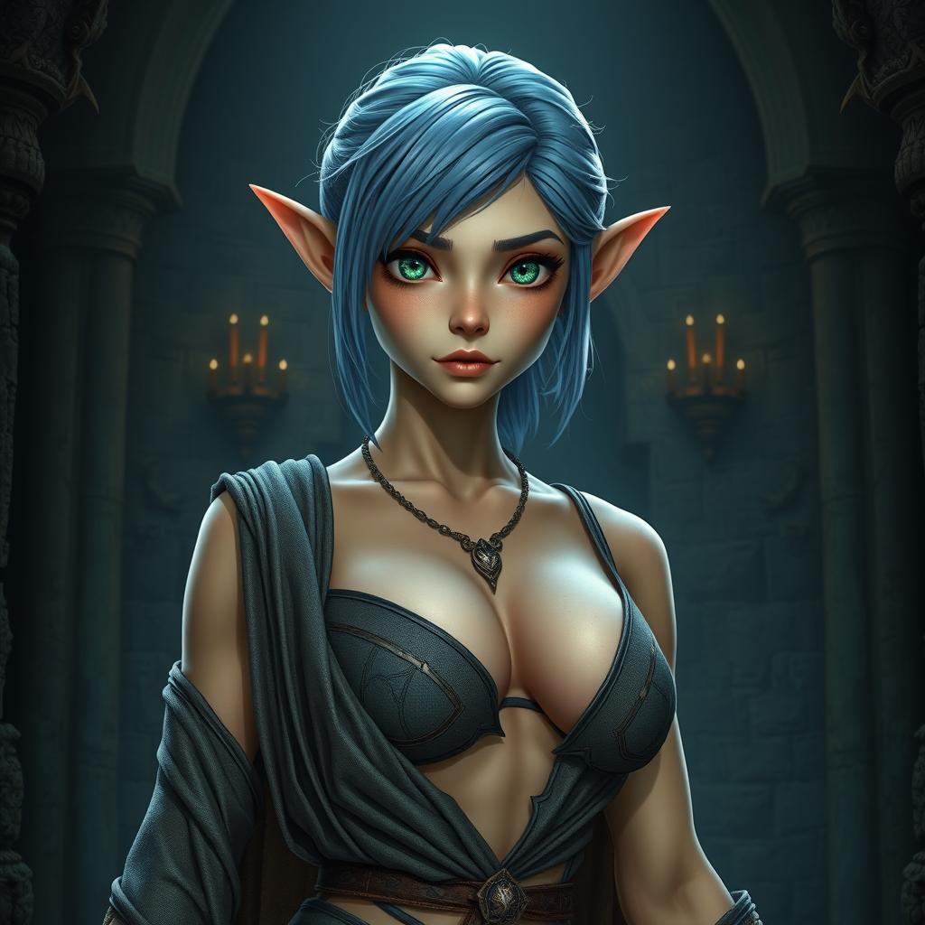 A full-body shot of a fit female elf with medium blue hair, enormous green eyes, and massive features, standing in a dark fantasy castle