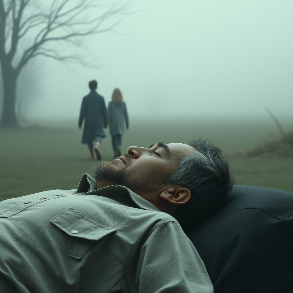 A somber scene depicting a man who has passed away, lying peacefully in a serene setting