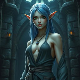 A full-body shot of a fit female elf with slightly long blue hair, enormous green eyes, and massive features, standing in a dark fantasy castle