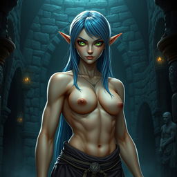 A full-body shot of a fit female elf with slightly long blue hair, enormous green eyes, and massive features, standing in a dark fantasy castle